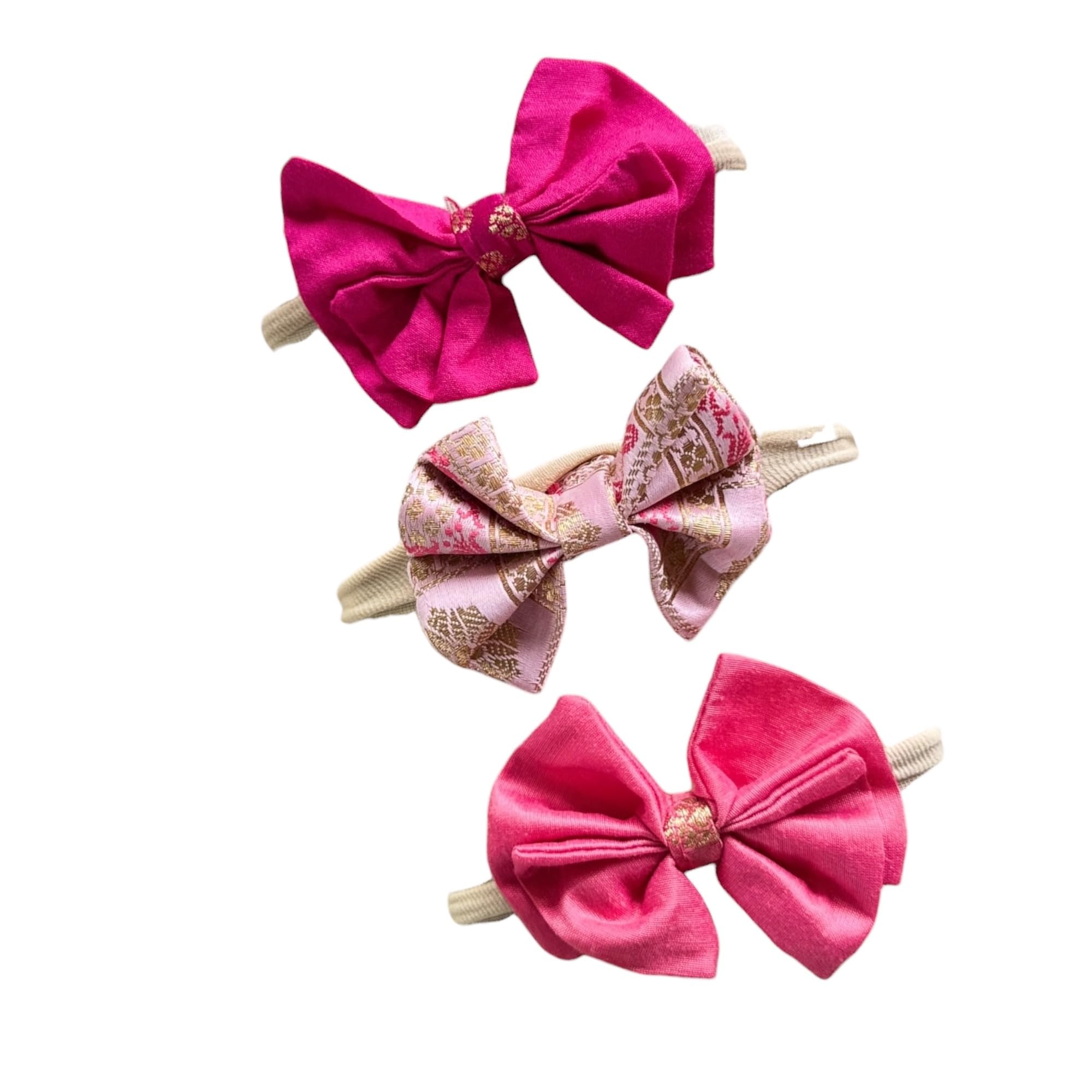 Picksparrow Baby Girl Silk and Cotton Bow Headband, Soft Stretchy Nylon Band, Gold Brocade Accents, Set of 3 (Baby Pink-Peach Pink-Rani Pink)-image-27