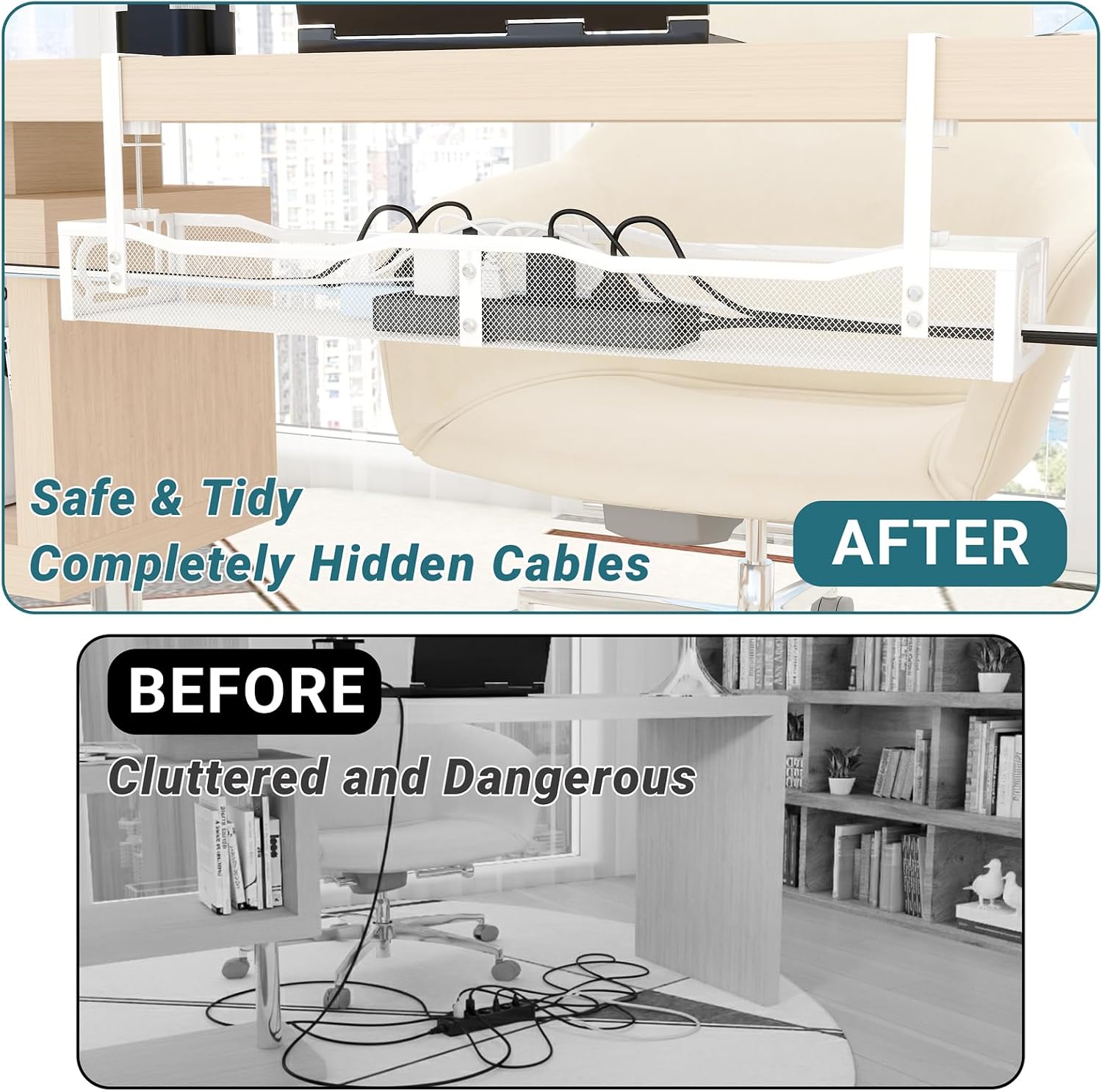 Cable Management Under Desk, 25.3'' No Drill Desk Cable Management Tray with Clamp, Metal Cord Organizer for Standing Desk, Computer Wire Management for Home Office & Gaming Setup, White image 3