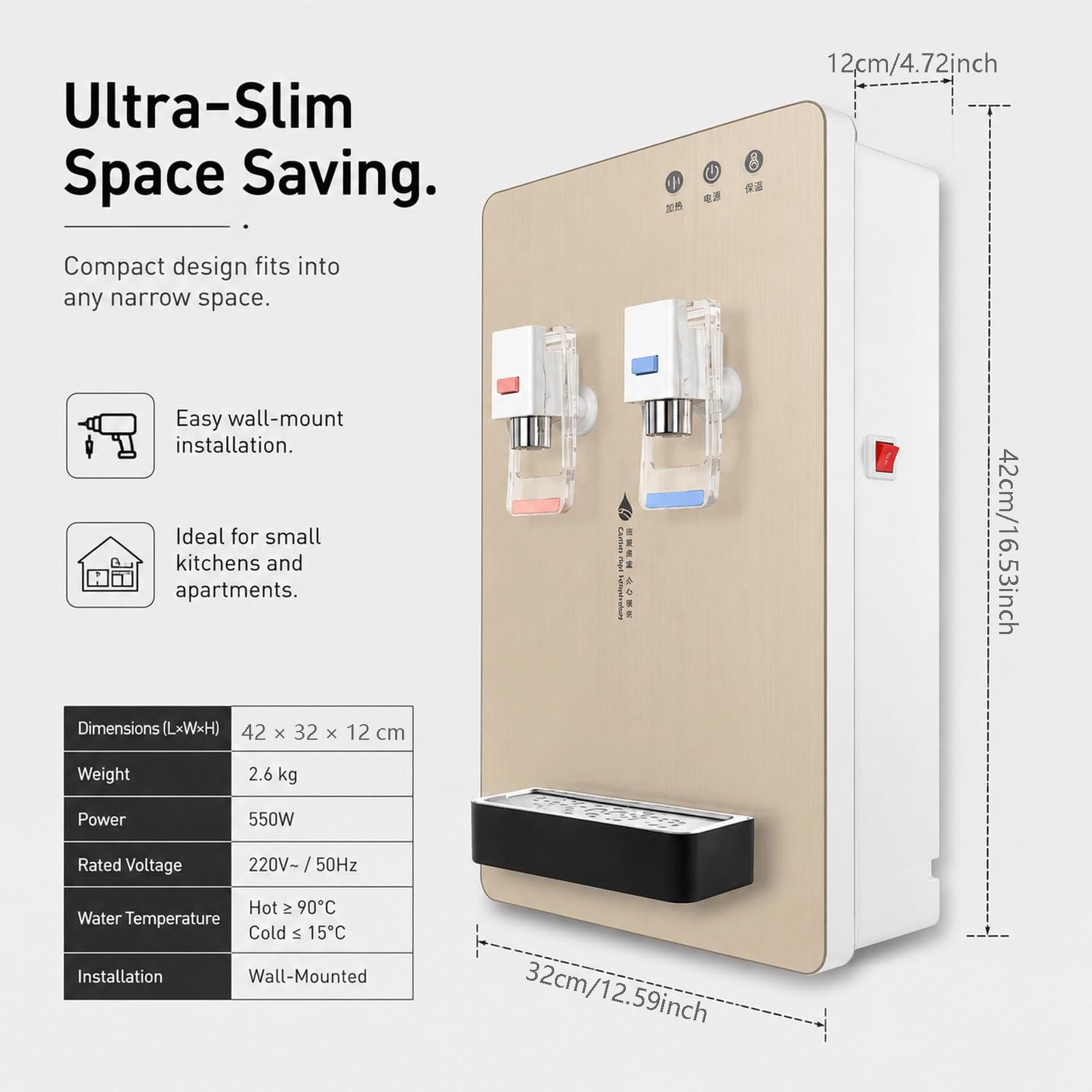 Dispensador De Agua Fría Y Caliente De Pared,Calentamiento Rápido De 2000W,Fuente De Agua Instantánea con Depósito De Acero Inoxidable De 4L,3 Luces LED Indicadoras,para Cocina Y Oficina