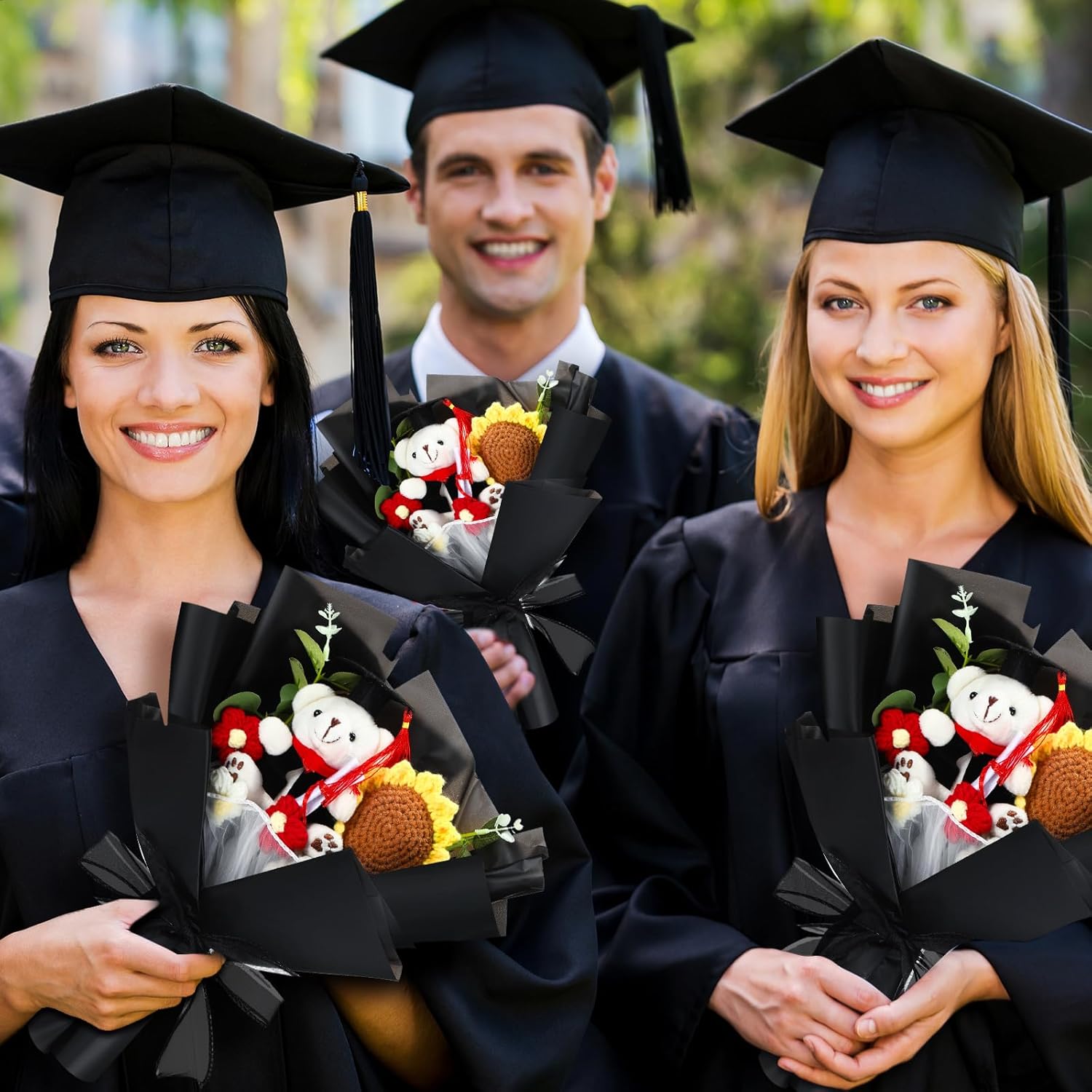 Graduation Crochet Flower Bouquet Set Includes Stuffed Bear Knitted Sunflower Daisy Eucalyptus Greeting Card Gift Bag 2026 Black Flower Bouquet Graduation Gift