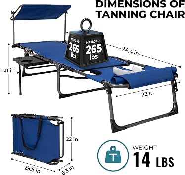 FUNDANGO 4 in 1 Tanning Chair with Face Hole, Beach Lounge Chair with Canopy Shade & Side Table Chaise Lounge Chairs for Patio, Pool, Lawn, Sunbathing, 5-Position Adjustable Sun Lounger, Blue