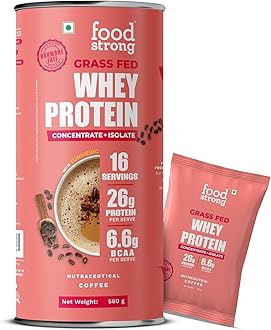 Whey Protein Powder (Concentrate + Isolate), 100% Hormone Free Grass-Fed Whey, 26G Protein & 6.6G BCAA, Coffee, With Turmeric & Digestive Enzymes, (16 Sachets), 560G