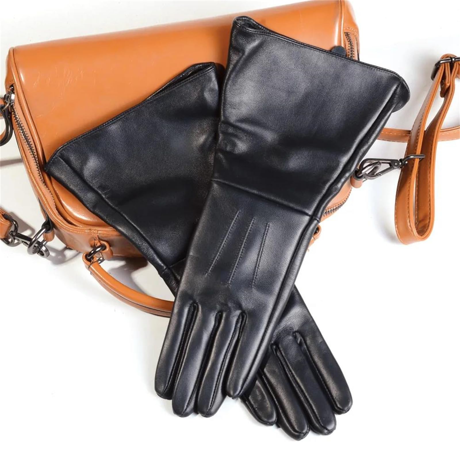 Guantes largos de piel de oveja auténtica negra para mujer, longitud al codo, medieval, renacentista, cosplay, guantes de vestir