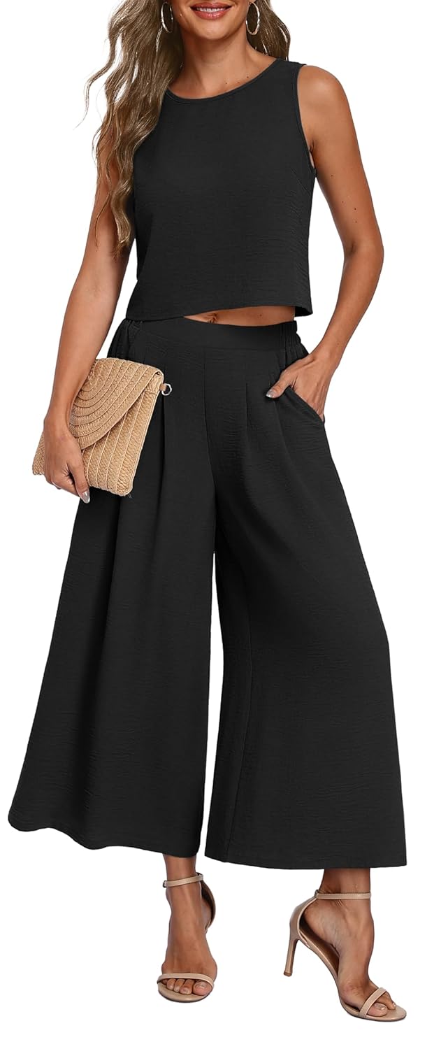 Lepunuo Womens Summer 2 Piece Outfits Sleeveless Crop Top Flowy Wide Leg Pants Matching Sets Vacation Beach Travel