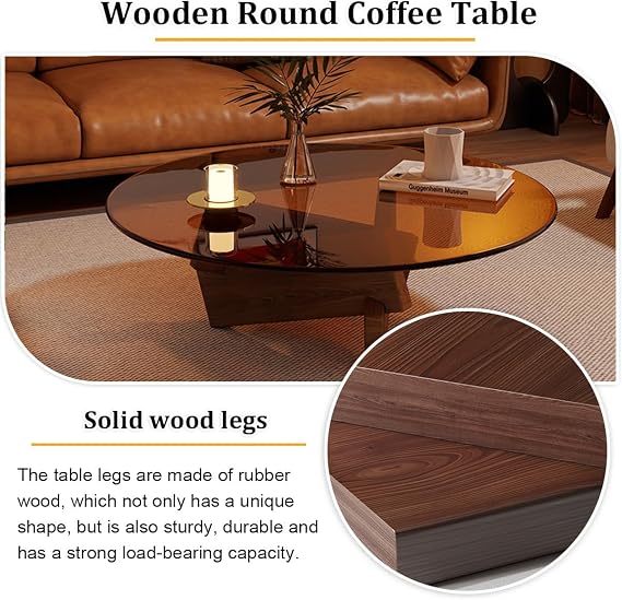 Round Glass Coffee Table with Tempered Glass Top, Coffee Tables for Living Room Modern, Solid Wood Table Legs for Living Room Home Office-Easy To Assemble(Brown,W70xH31cm/28x13in)