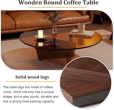 Round Glass Coffee Table with Tempered Glass Top, Coffee Tables for Living Room Modern, Solid Wood Table Legs for Living Room Home Office-Easy To Assemble(Brown,W70xH31cm/28x13in)