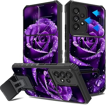 for Samsung Galaxy A53 5G Case with Slide Camera Cover and Built-in Kickstand,Military Grade Shockproof Bumper Protective Black Cover for Galaxy A53 5G,Purple Rose