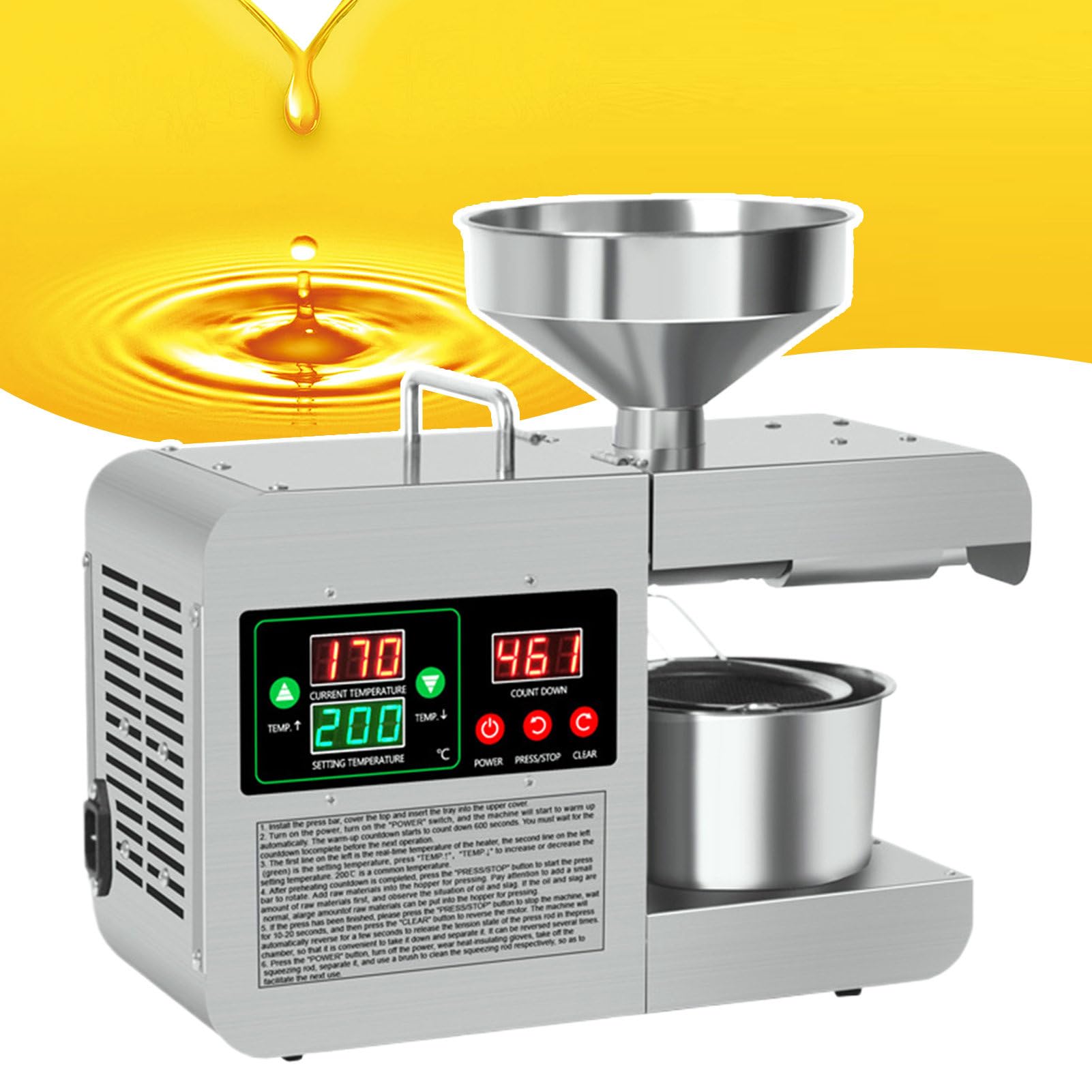 Prensa de Aceite automática para la extracción de Semillas y Aceitunas con Ajuste de Temperatura y construcción de Acero Inoxidable.