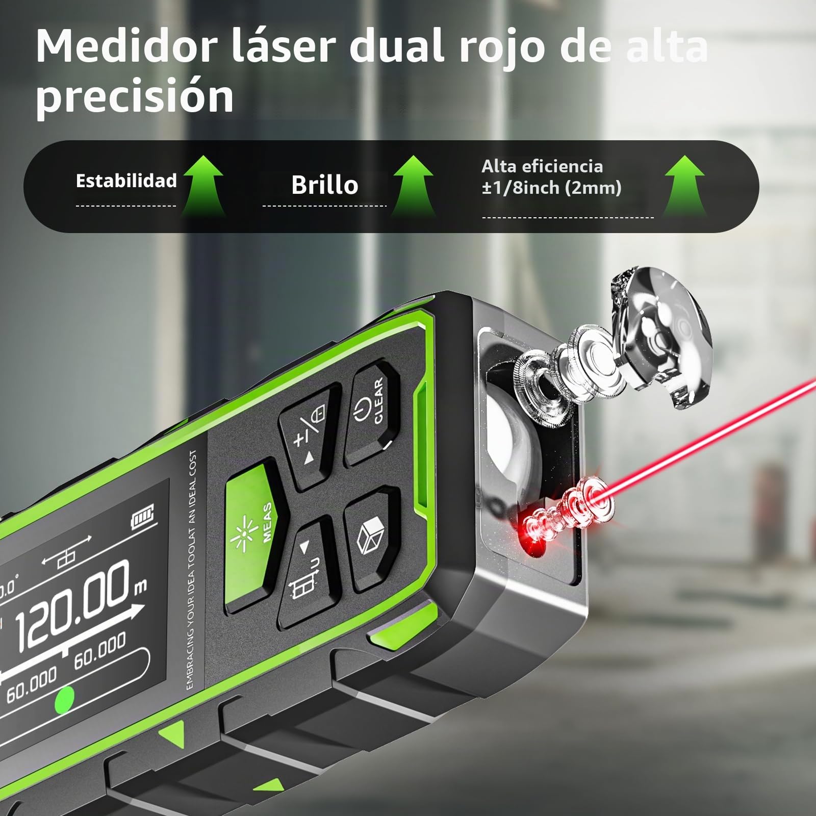 Telémetro Láser Bilateral, Huepar 120M Dispositivo de Medición con Láser Rojo, LCD retroiluminado, medición de Distancia, Superficie y Volumen y Modo pitagórico