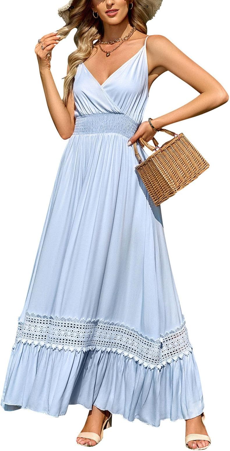 ESYEM Women's Solid Color Dress Casual V-Neck Backless Suspender Dress
