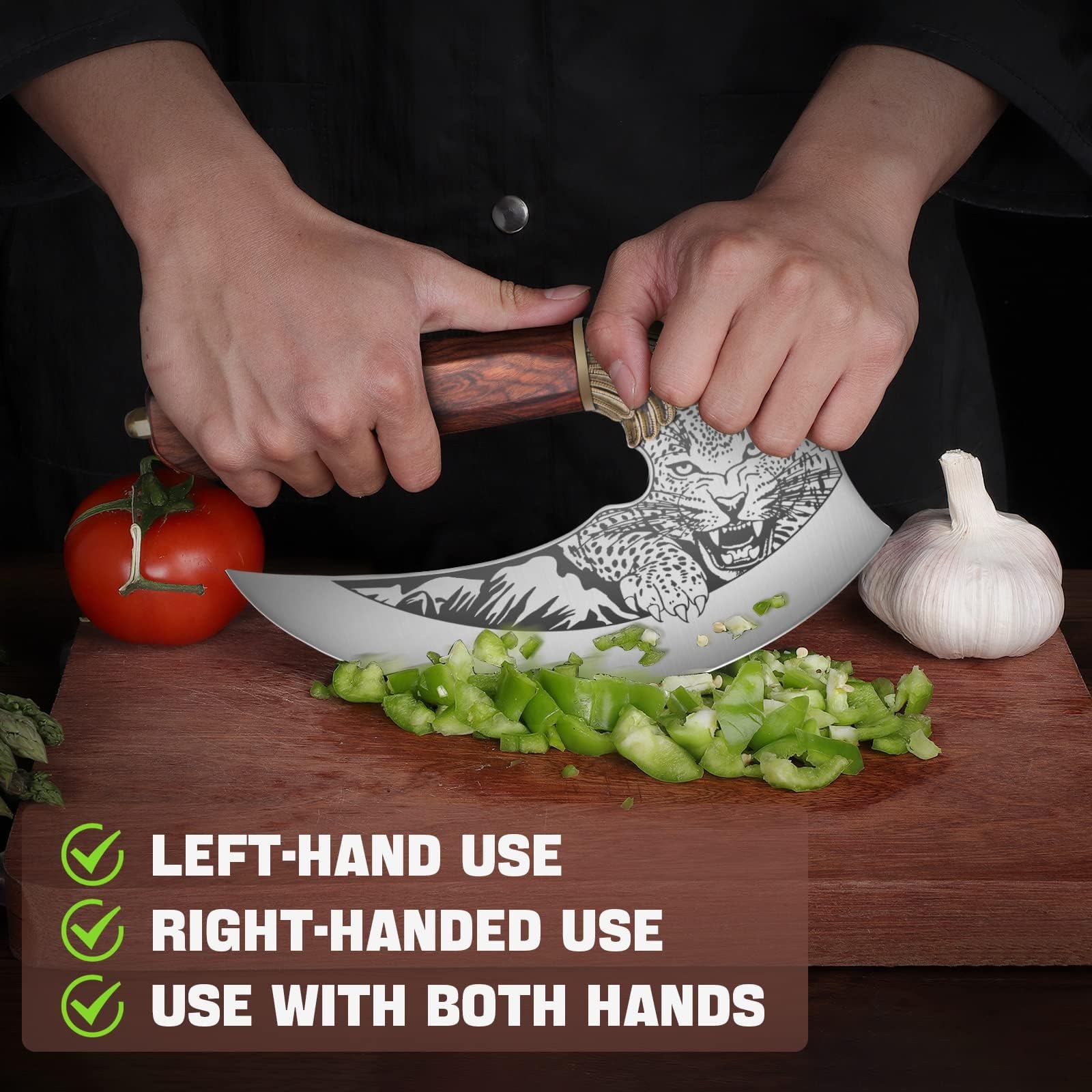 TIVOLI Ulu Knife 9-inch Pizza Cutter Axe, Viking Butcher Cleaver Knife, German 1.4116 Super Steel Rose Wooden Handle with Sheath & Box, Mincing Meat Vegetable Rocking Knives Birthday Gift Men Women