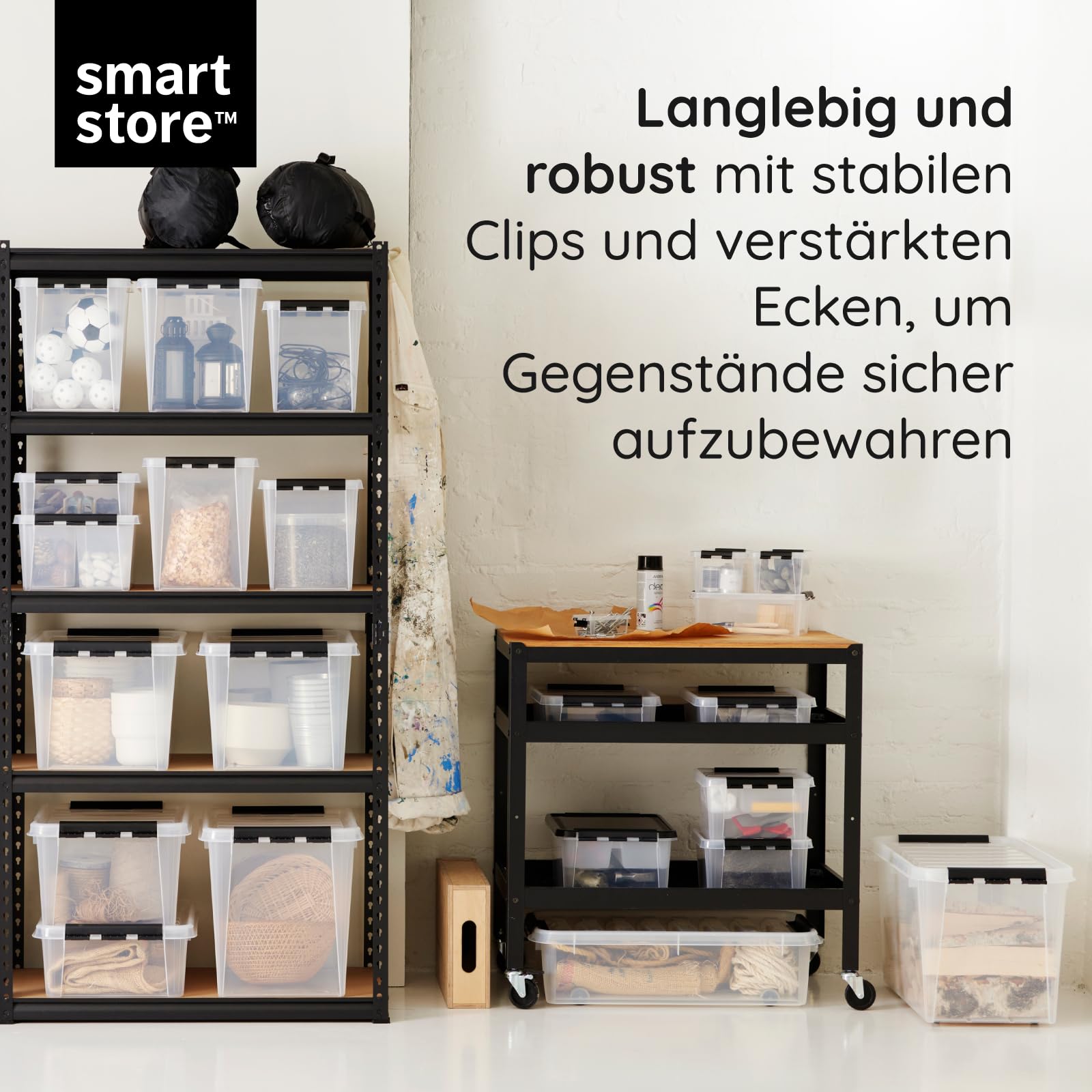 SmartStore Aufbewahrungsboxen mit Deckel, groß, 52 l, transparent, 5er-Pack, verstärkt, 10 Jahre Garantie, lebensmittelecht, mit Clipverschluss, stapelbar, BPA-freier Kunststoff, 50 x 39 x 41 cm