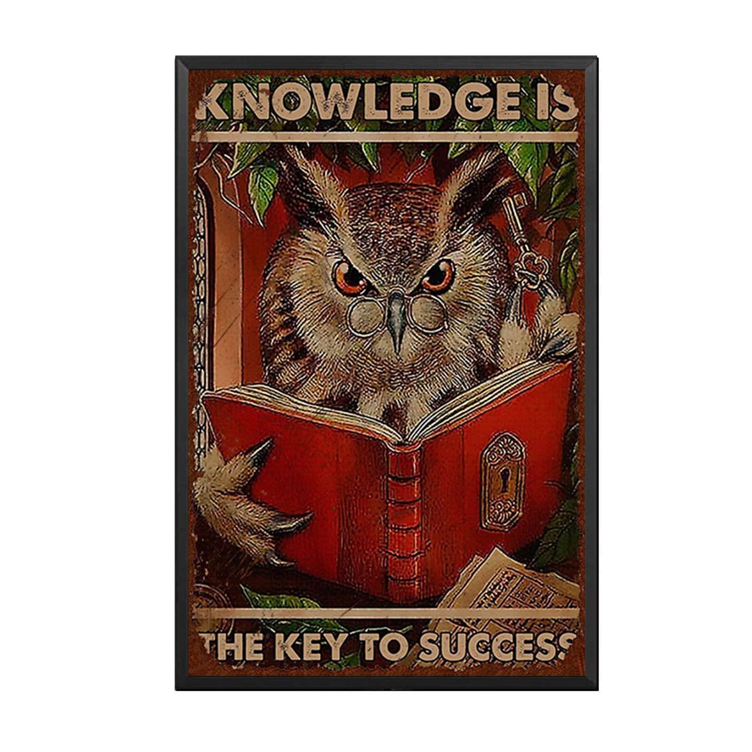 Vintage Tin Logo Owl - Knowledge is The Key to Success Vintage Metal Sign Gift Bedroom Retro Novelty Cafe Store Tin Signs 5.5x8inch