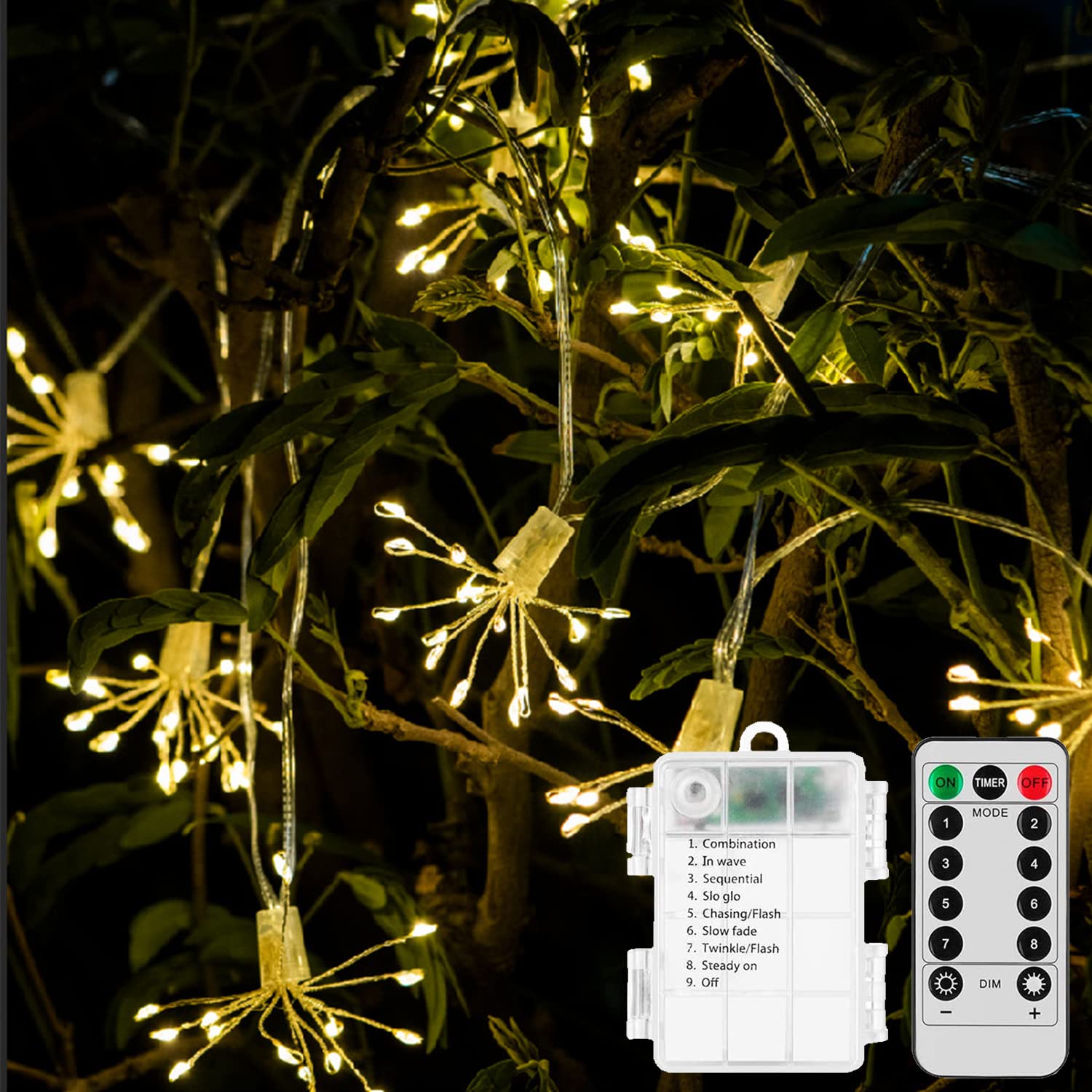 DINOWIN String Lights Battery Powered Waterproof Firework Fairy String Light with 8 Modes and Remote for Christmas Wedding Party Bedroom Garden Patio (10in1 150LED)
