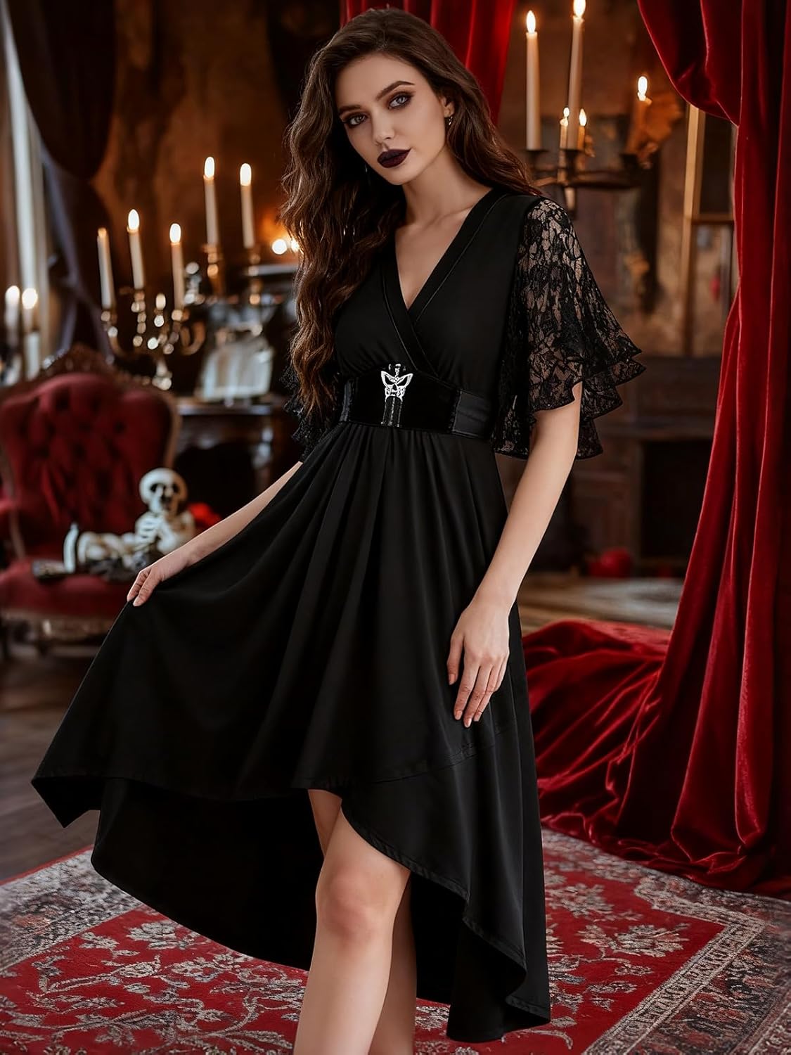 Witch Costume Women Halloween Costumes 2026 Gothic Lace Mesh Butterfly Sleeve A Line Vampire Dress - Image 2