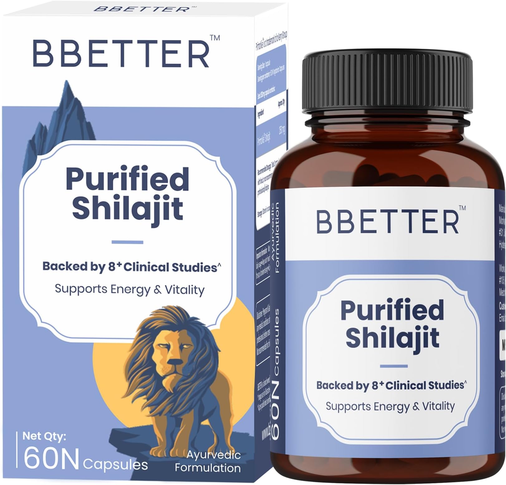 BBETTER Purified Shilajit with PrimaVie Shilajit, Clinically Studied Natural Supplement | Lab Tested Shilajeet for Stamina, Strength, Muscle & Vitality Support for Men | Supports Healthy Testosterone Levels | Pure Himalayan Shilajith Extract - 60 Capsules