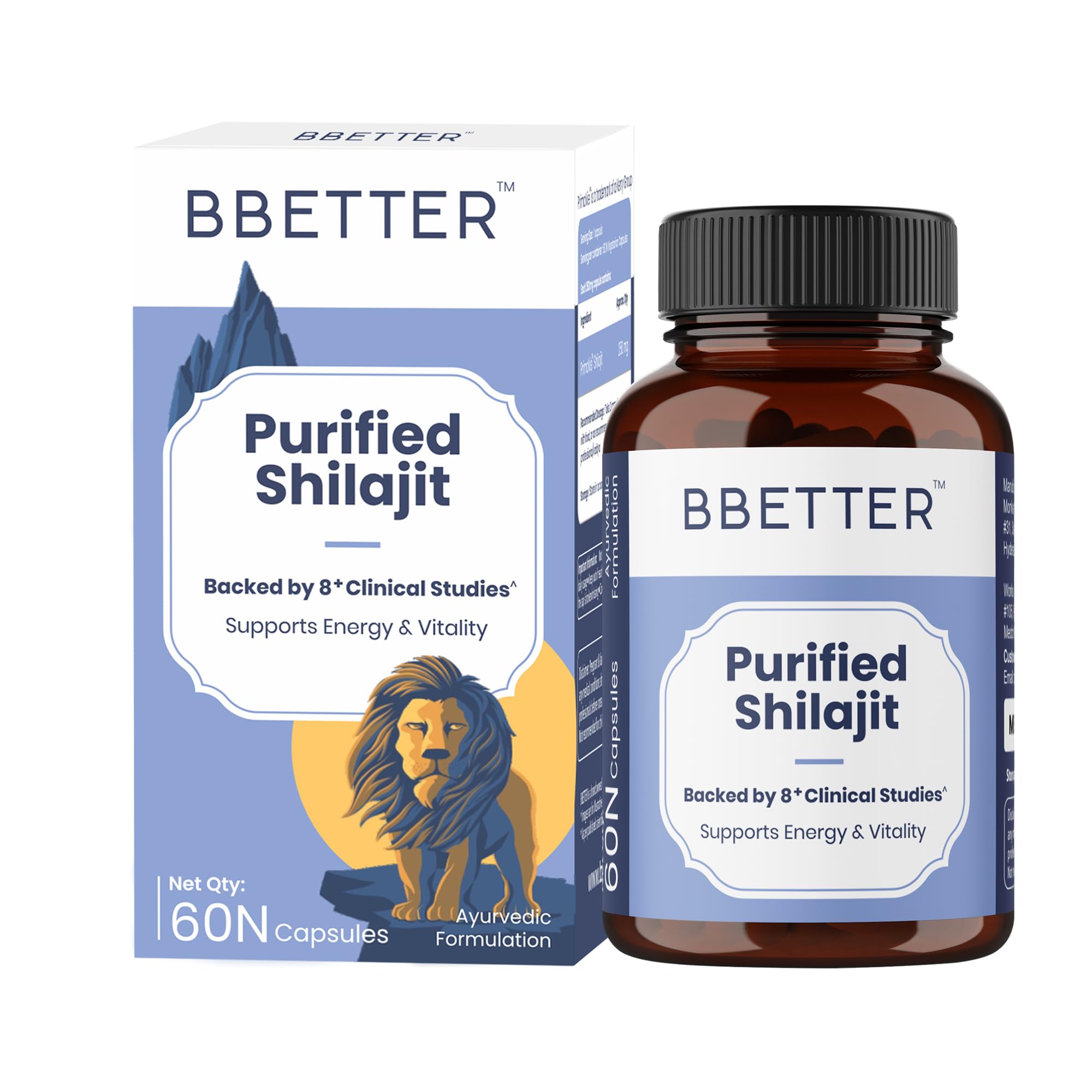 BBETTER Purified Shilajit 250mg with PrimaVie Shilajit, Clinically Studied Natural Supplement | Lab Tested Shilajeet for Stamina, Strength, Muscle & Vitality Support for Men | Supports Healthy Testosterone Levels | Pure Himalayan Shilajith Extract - 60 Capsules