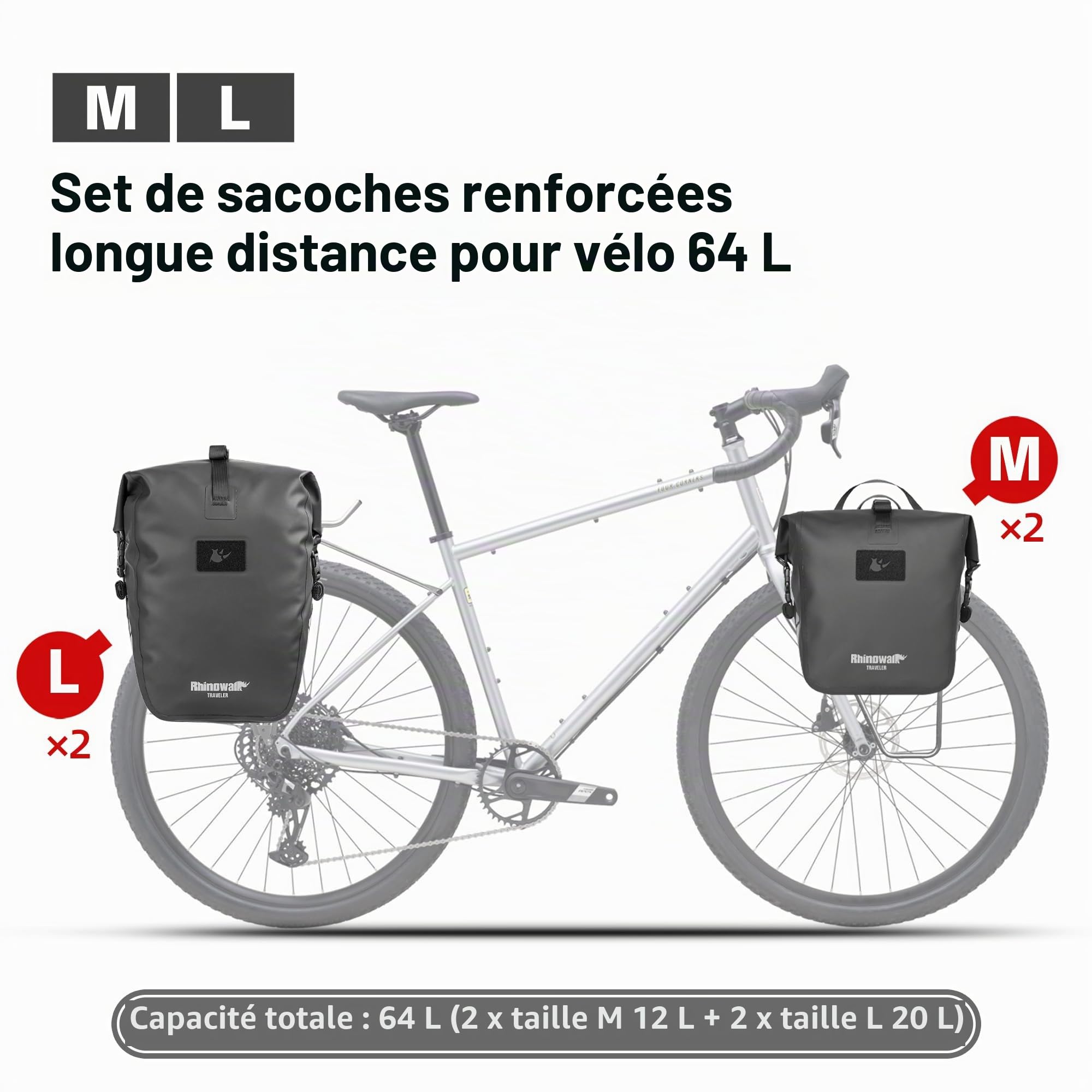 Rhinowalk Sacoche étanche pour vélo de 12 L, sac à bandoulière pour ordinateur portable, sac de voyage, accessoire professionnel pour vélo, couleur noire (1 pièce)