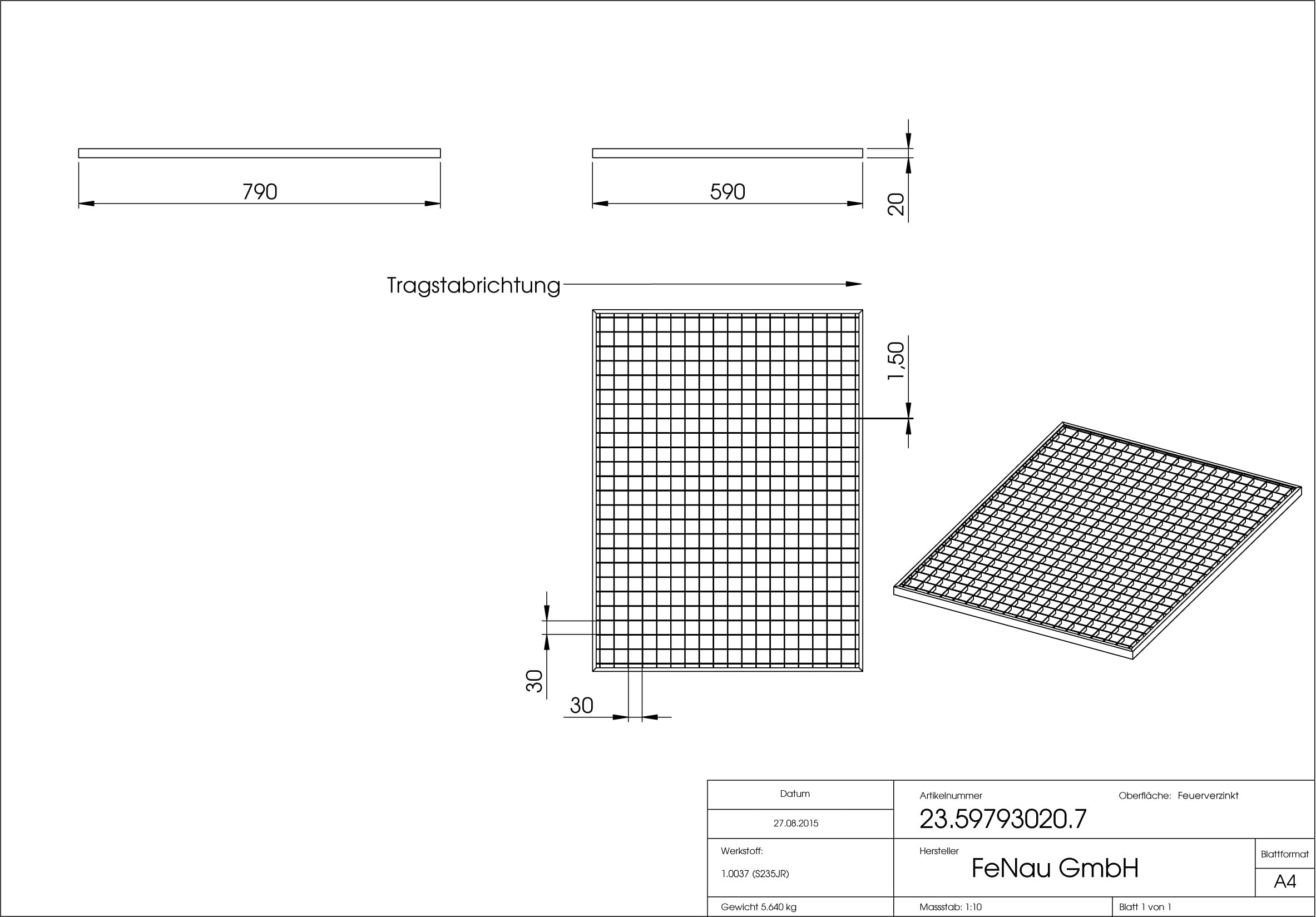 Fenau | Caillebotis (Pour les garages) / Grille conforme aux normes de l’industrie du bâtiment - Dimensions: 590 x 790 x 20 mm - Maillage: 30/30 mm (Cadre: 600 x 800 x 23 mm)