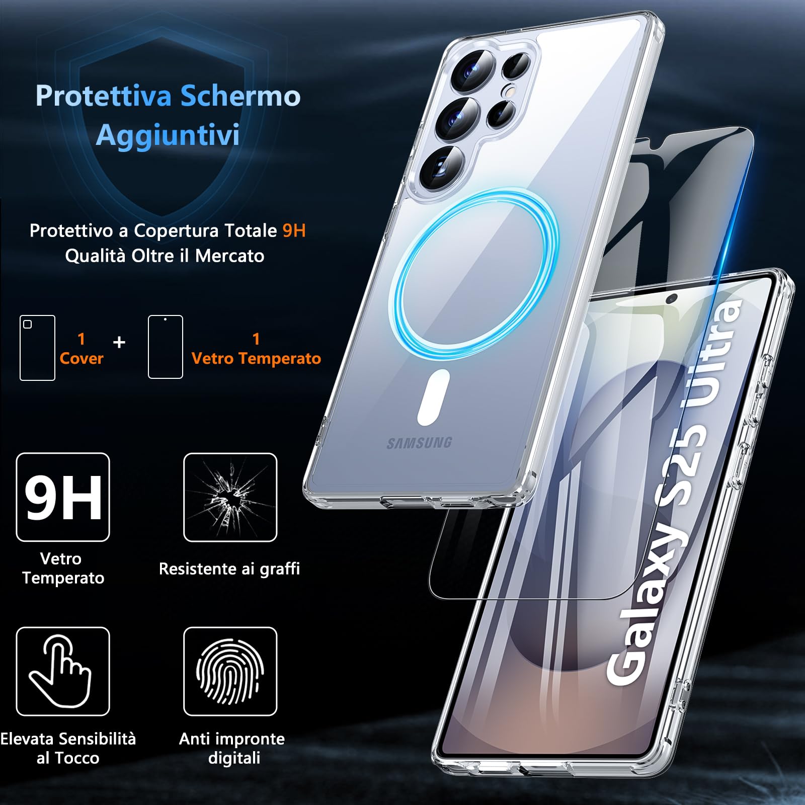 Hensinple Magnetica Cover per Samsung Galaxy S25 Ultra con Vetro Temperato, Compatibile con MagSafe, Custodia Samsung S25 Ultra Antiurto Trasparente Posteriore Sottile Resistente ai Graffi, Chiaro