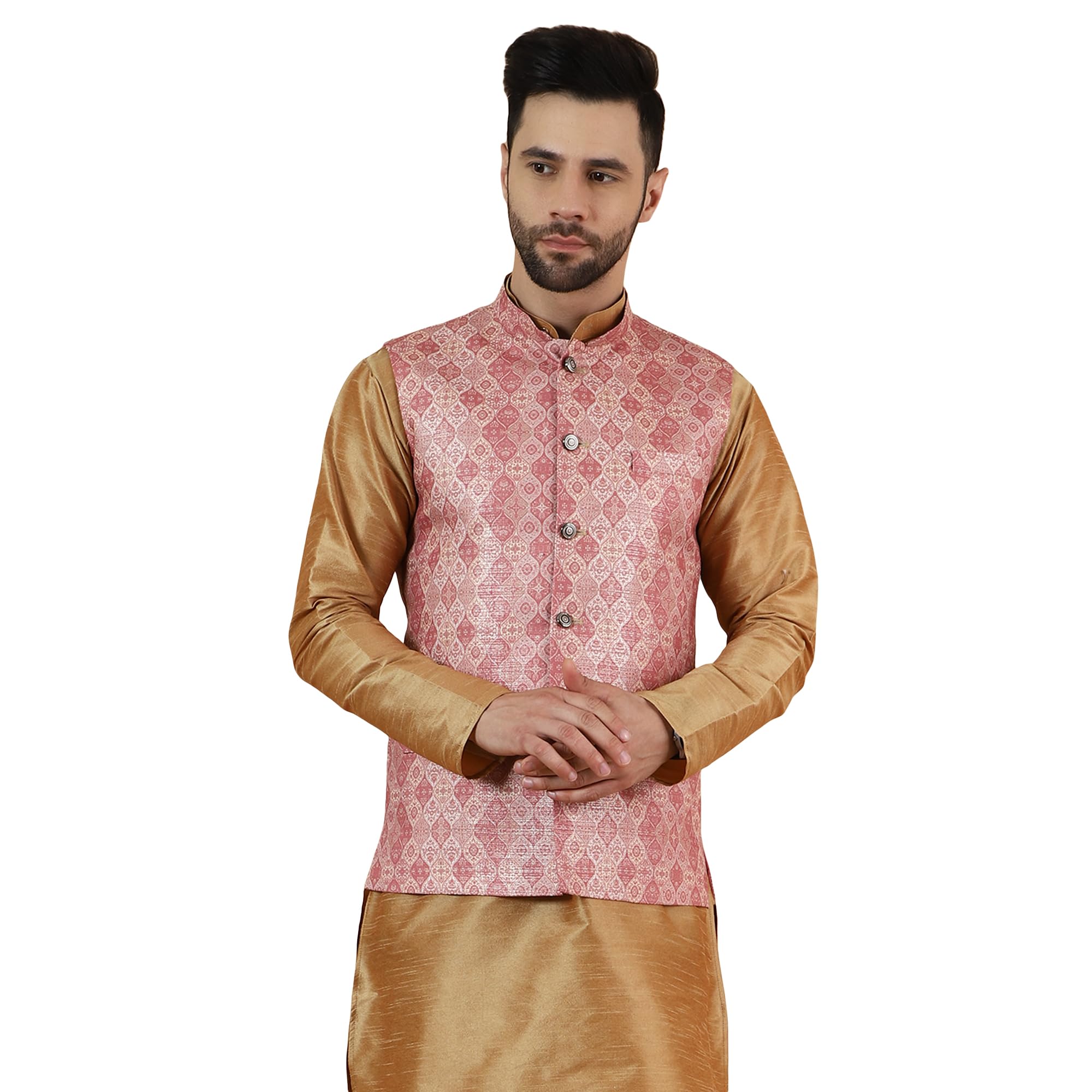 wintage Men's Digital Print Cotton Silk Pink Modi Nehru Jacket-picture-23