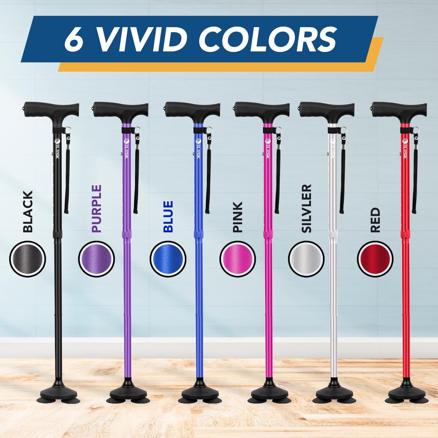 Folding Walking Cane - Adjustable, Heavy Duty with T Handle & Pivot Base, Nylon Strap for Women & Men