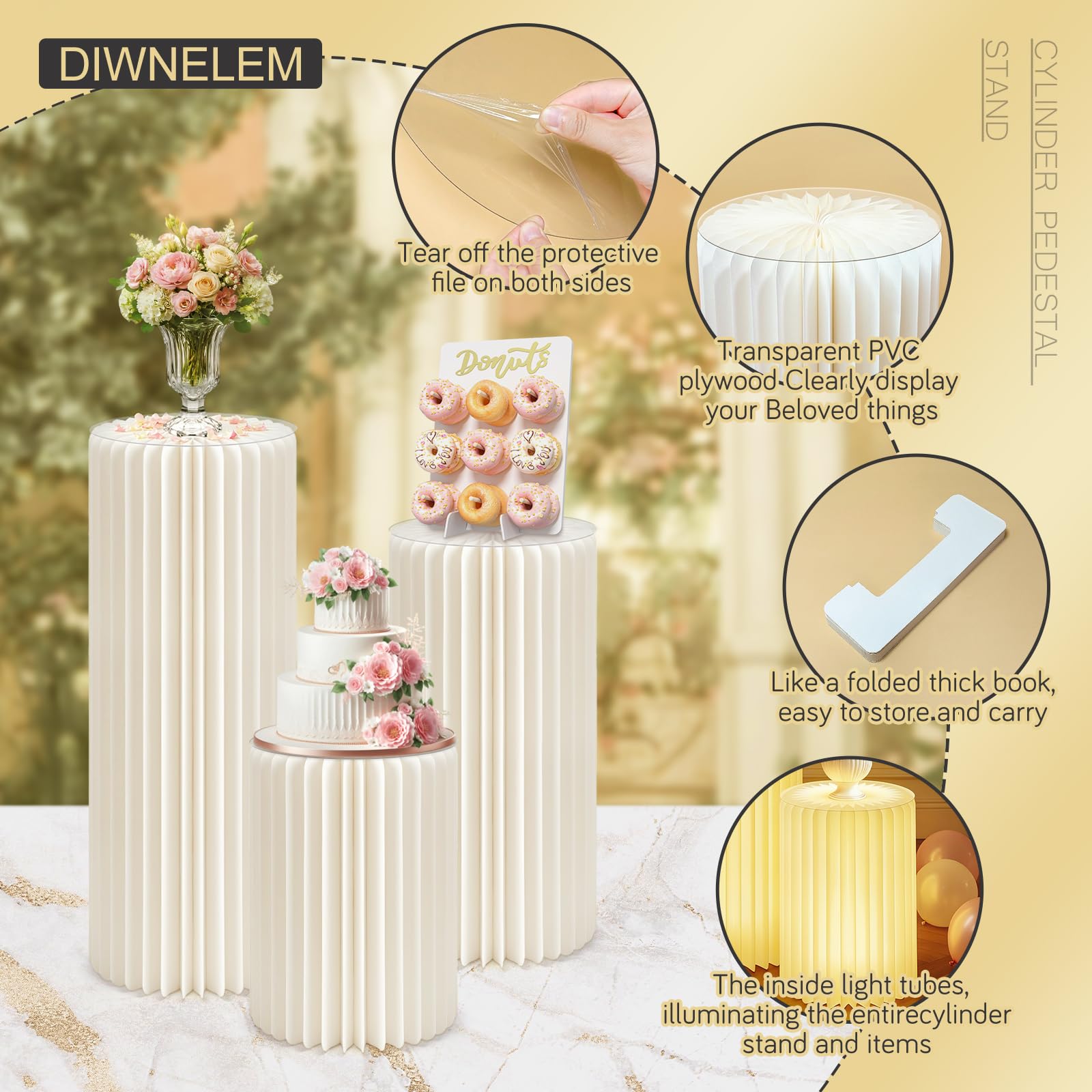 3 supporti cilindrici con luce per feste con piedistallo rotondo leggero supporto cilindrico piedistallo pieghevole in cartone colonne cilindriche tavoli per baby shower compleanno matrimonio