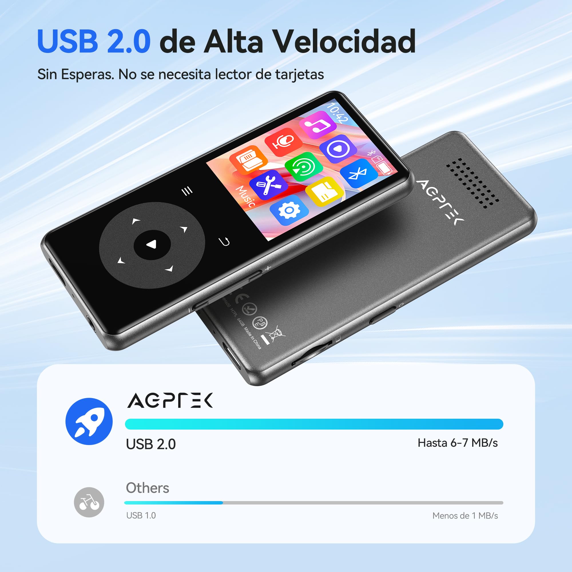 AGPTEK 64GB Reproductor MP3 Bluetooth 5.4, 1,8'' MP3 Player con Altavoz, Reproductor de Música con Sonido, Reproductor Portátil Deportivo Radio FM, Botones Táctiles,Soporta hasta 128GB