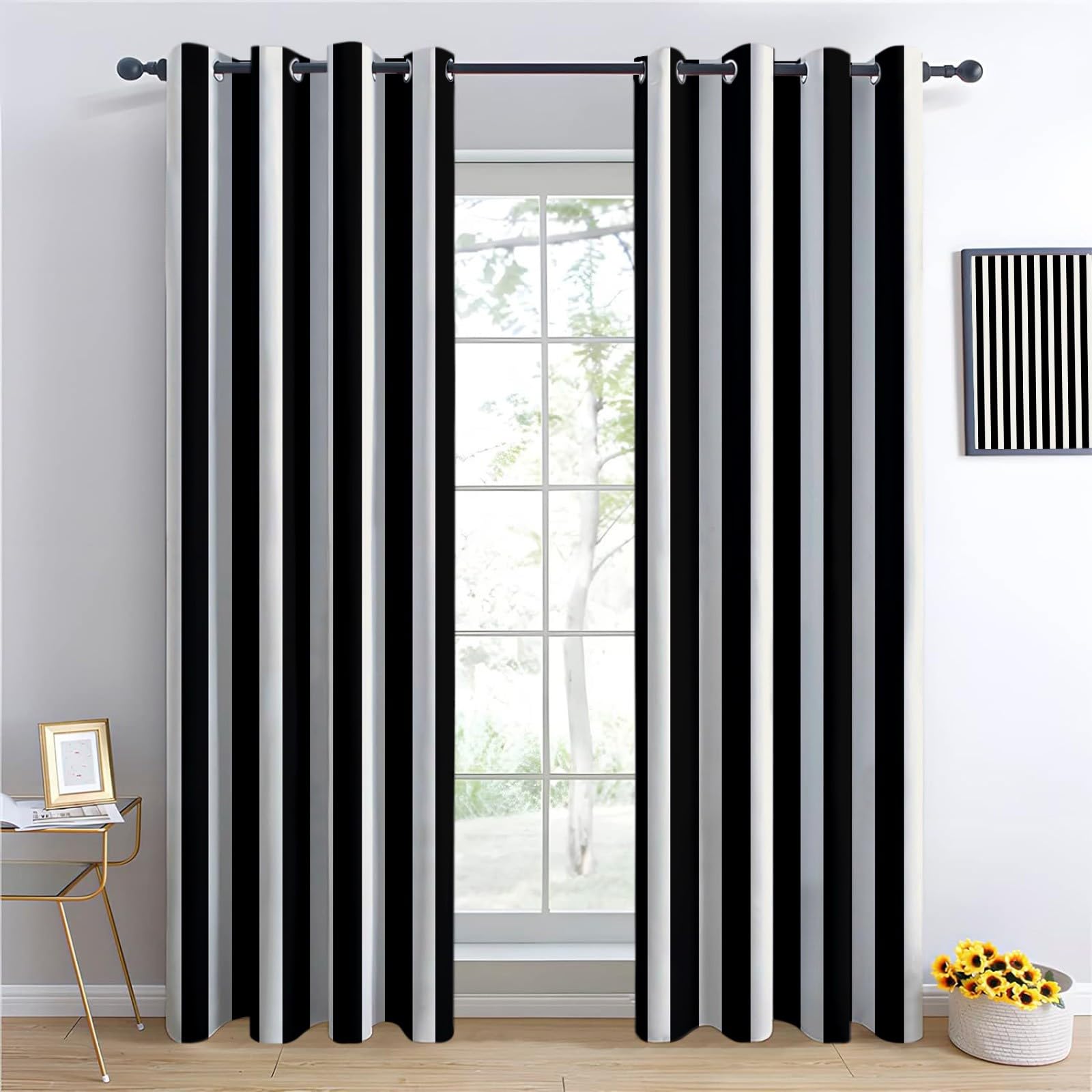 Genérico Rayas Verticales En Blanco Y Negro Cortinas Opacas térmicas Que bloquean la luz, Rayas Muaré Cortinas Opacas con Ojales para Dormitorio y Sala de Estar 140 x 245 cm (2 Paneles)