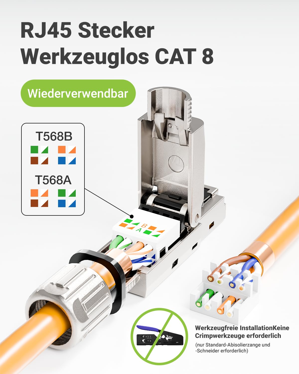 Connettore RJ45 senza attrezzi Cat8, 40 Gbps 2000 MHz, 50 U, placcato oro, spina LAN, senza attrezzi per Cat8 Cat7, cavo di collegamento schermato, spina di rete cat8 senza attrezzi