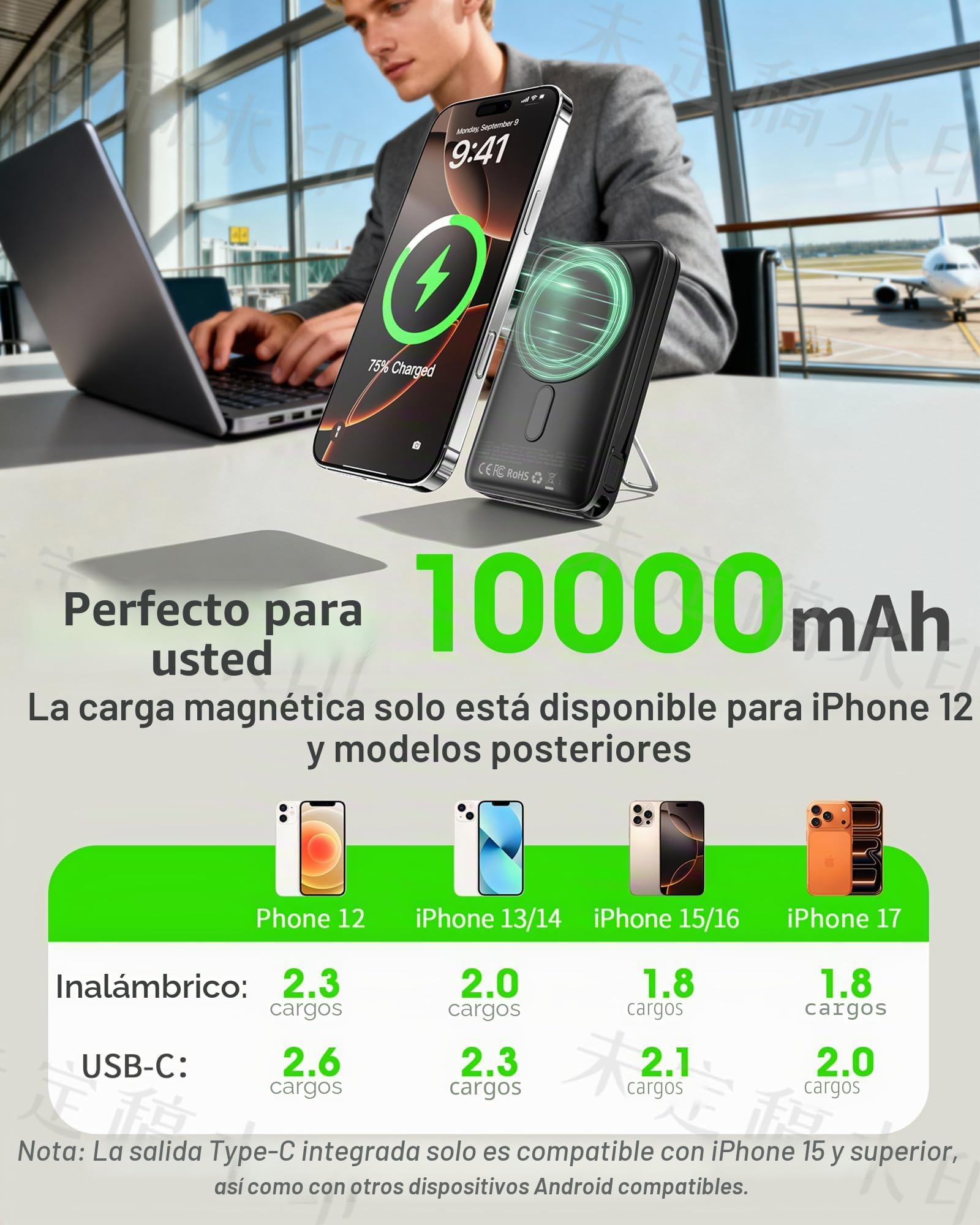 2026 para Magsafe Power Bank con Soporte, Magnética Batería Externa Carga Rapida 10000mAh con Cable USB-C Integrado, Inalámbrica Batería Portatil para iPhone 17 16 15 14 13 12, Rojo