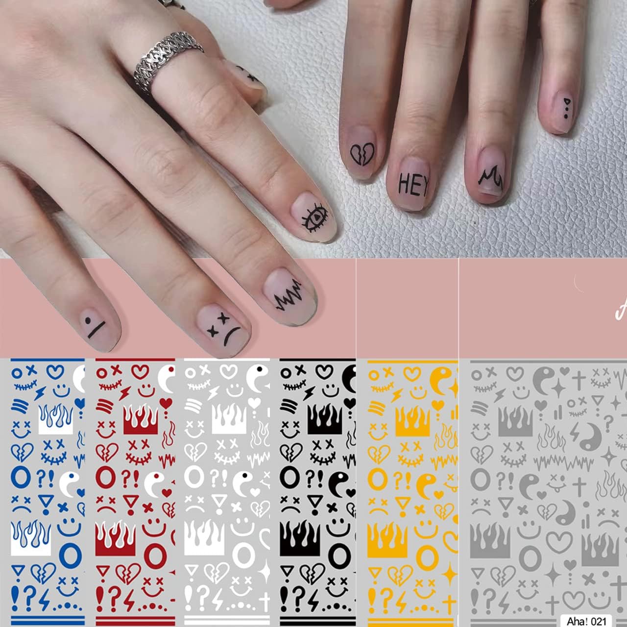 6 Sheet Smiley Face Nail Art Stickers Black Red Flame Heart 3D Self-Adhesive Nail Decals Valentines Day Stars Symbol Line Design Acrylic Nail Decoration DIY Nail Supplies for Women Men Girls