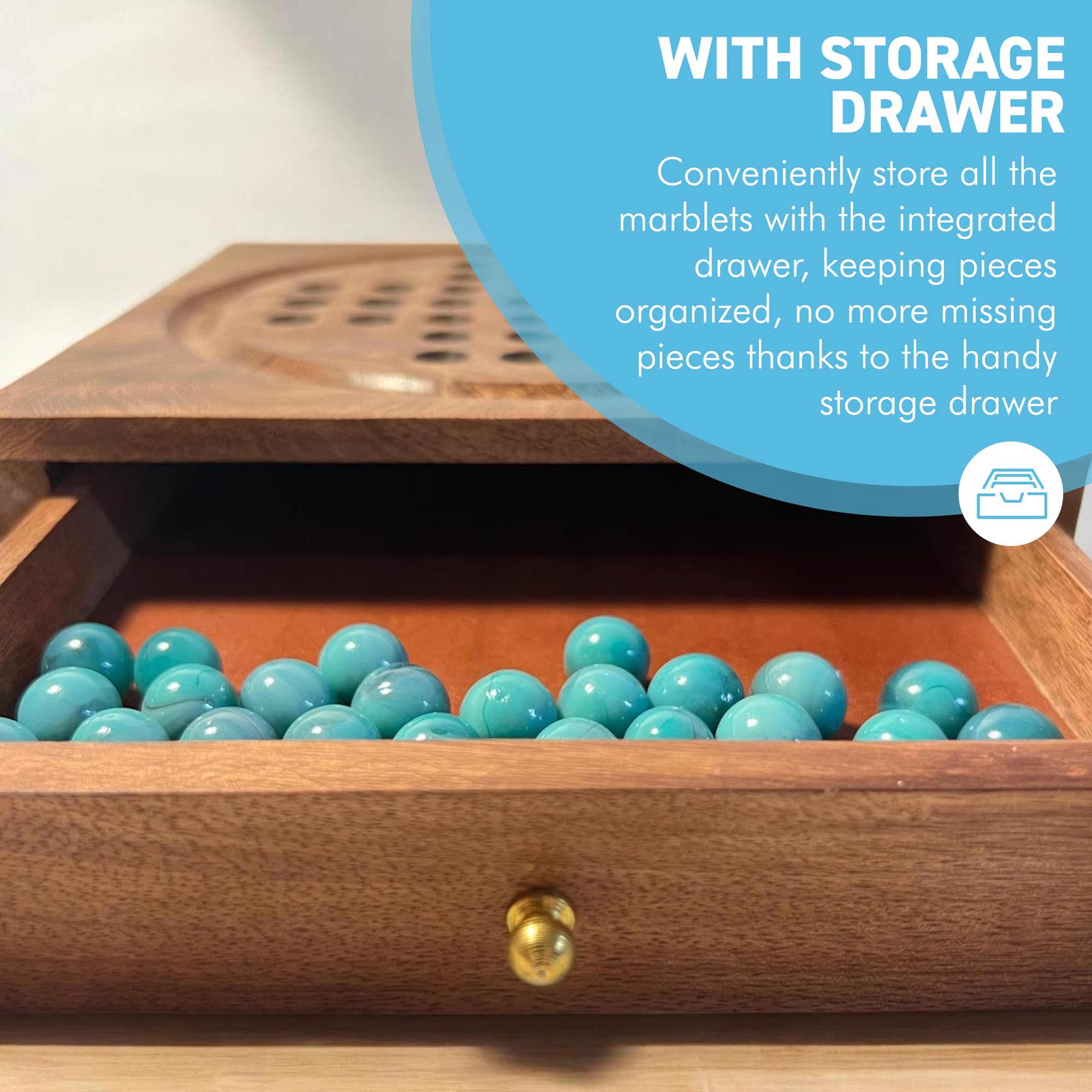 Solitario de madera con cajón para guardar canicas, juegos de viaje, juegos estratégicos y tradicionales, perfecto para adultos y diversión familiar