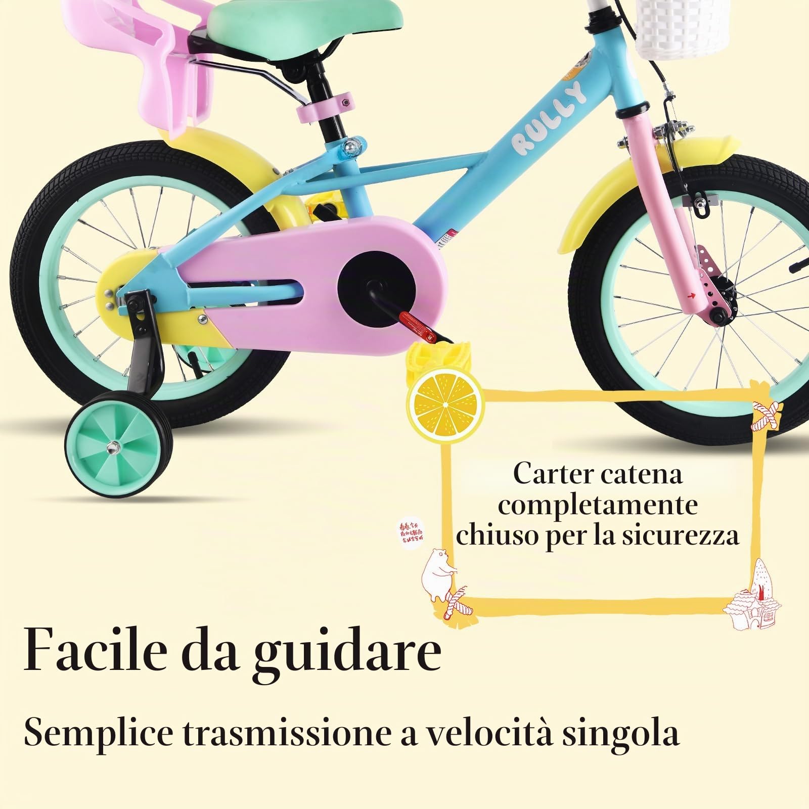 RULLY Bicicletta per Bambina 12-16 Pollici per Età 2-7 Anni (33-53 cm) – Bicicletta con Rotelle, Freno a Contropedale e Design Arcobaleno