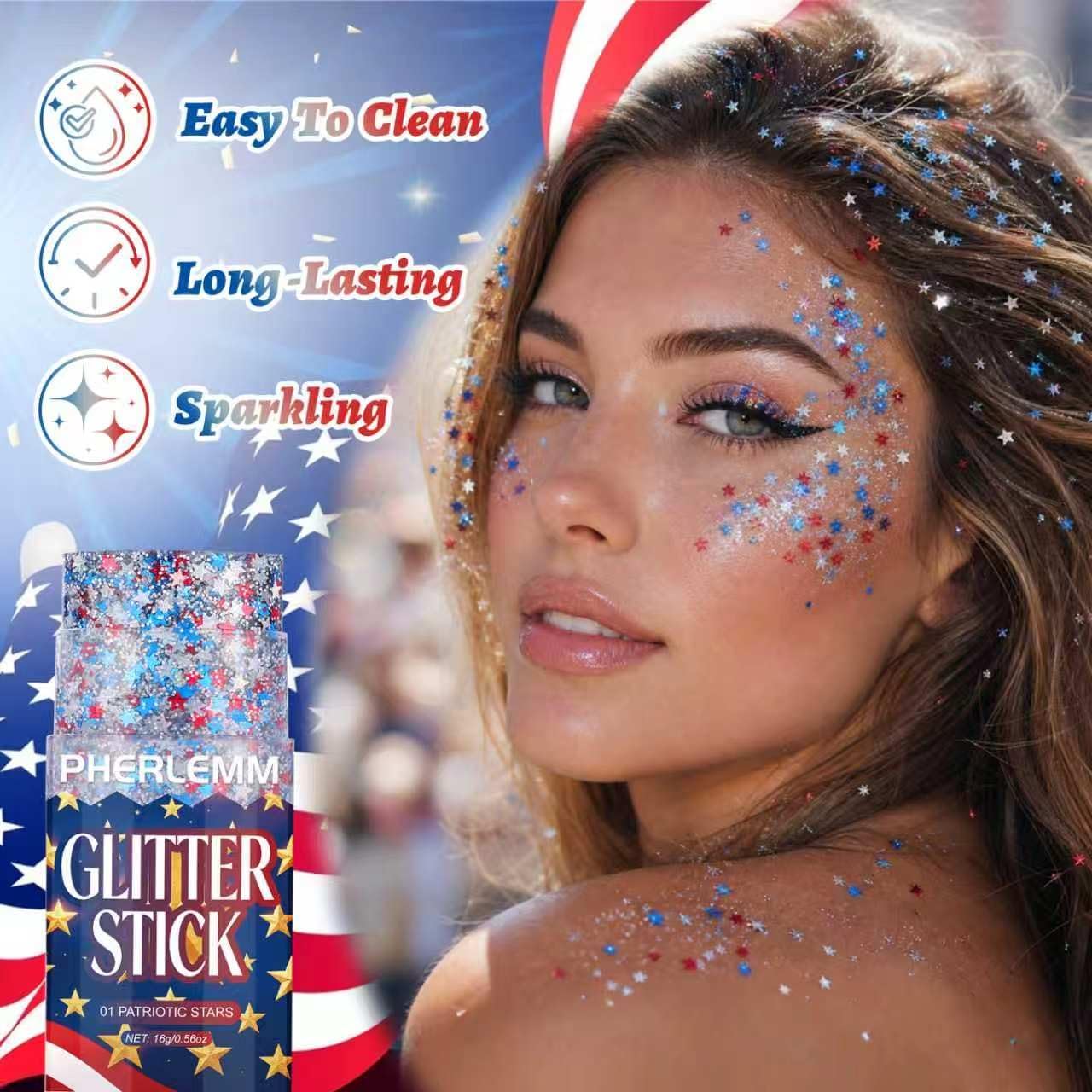Patriotic Star Body Glitter Stick Hair Accessories for Women, 250 Anniversary USA Merchandise Rave Outfits for Women, Body Glitter 4th of July Decorations for Red White and Blue Decorations