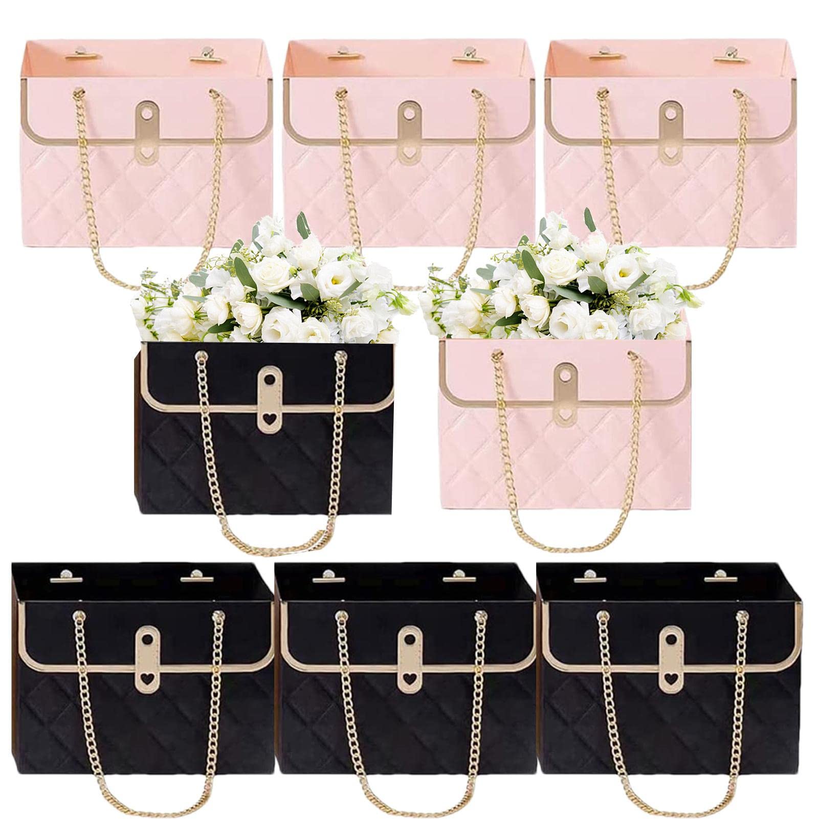 Teksome 4 Black 4 Powder Paper Flower Bouquet Bags | Bouquet Boxes For Flowers - Paper Bags With Handles, Flower Arrangements Supplies, Rectangular/Trapezoidal