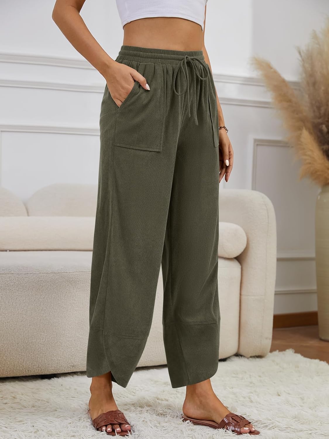 Womens Corduroy Pants Casual Wide Leg Pants Harem Pants Baggy Trousers Drawstring Elastic with Pockets - Image 3