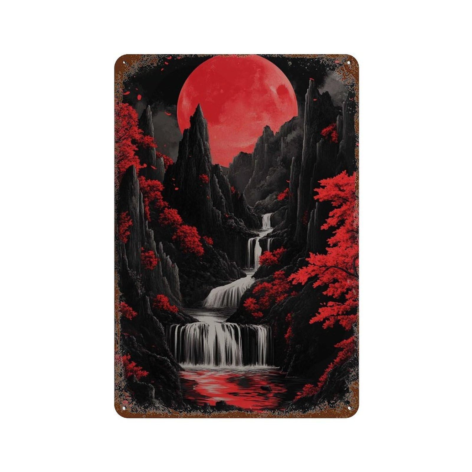 xiaoxiaoshen Red Moon Waterfall Landscape Dark Mountain Dramatic Asian Nature Wall Decor Art Metal Tin Poster Modern Home Decor Art Home Bar Shop Decorations Vintage Sign 30x20cm
