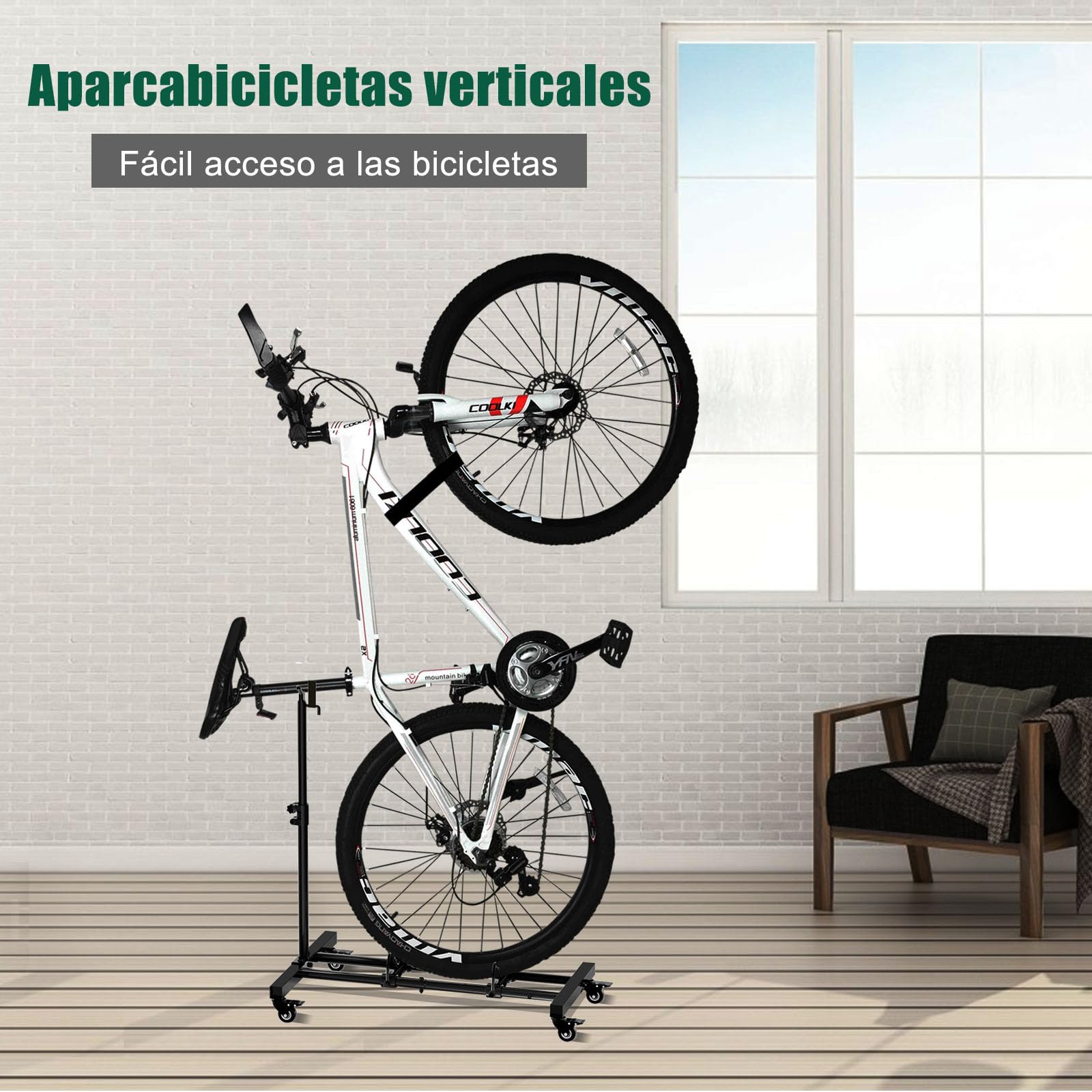 Mimoke Soporte vertical para bicicleta – Soporte de suelo para bicicleta con ruedas bloqueables, altura regulable, para todos los tipos de bicicletas de hasta 4 pulgadas de ancho de neumático