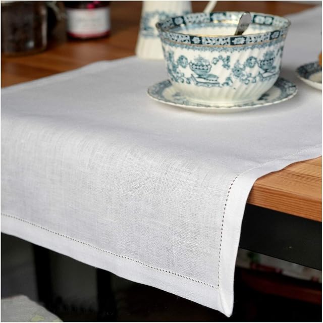 Linen & Cotton Luxury Hemstitched Table Runner FLORENCE, 100% Linen - 43cm x 130cm (17.2''x 52''), White