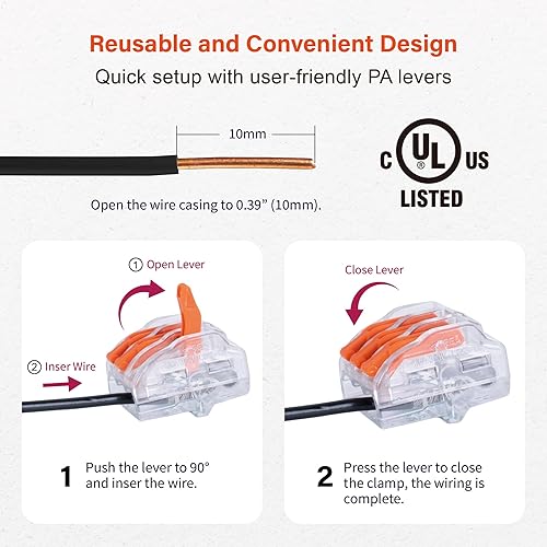 Miniatura 3 de 50 piezas de conectores de alambre de palanca, terminales reutilizables de 3 puertos sin herramienta para cables sólidos o trenzados de 0,24,0mm,