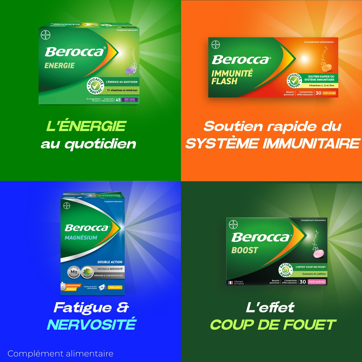 Berocca® Boost - Effet coup de fouet - Aide à réduire la fatigue -Vitamine B12, Guarana, Caféine, Vitamine C et Magnésium, Goût Acérola - Complément Alimentaire - 2x30 cp effervescents
