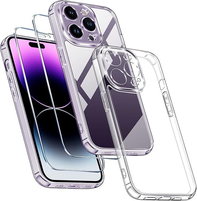 ivoler [3 in 1] Camera Protection Case for iPhone 14 Pro 6.1", [Long Lasting Clarity] [Military Grade Shockproof], 1Phone Case + 2 Glass Screen Protector, Protective Hard Back Slim Cover - Clear