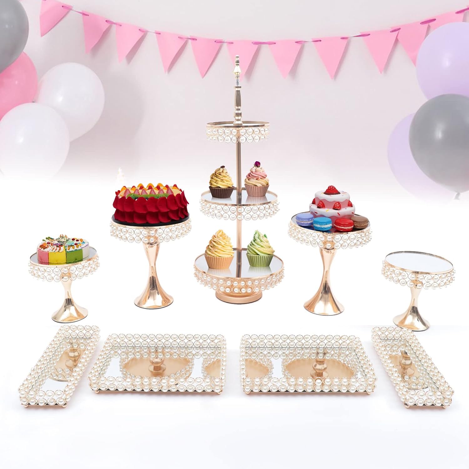 9PCS Wedding Cake Stands Set, Rectangular and Round Glass Cupcake Stands, Gold Crystal Dessert Display Holder for Cake Shops, Bakeries, Weddings (Gold-1)