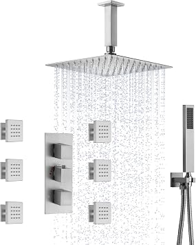 Ceiling Mount Shower System 12 Inch Rainfall Shower Head with Handheld Sprayer & 6 Massage Body Jets, Shower Faucet Set for Bathroom, Thermostatic Valve Included - Brushed Nickel