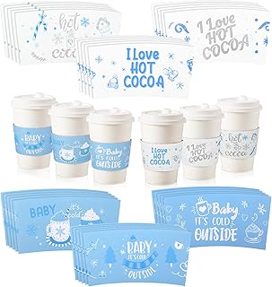 Lincia 30 Pcs Hot Cocoa Bar Coffee Cup Sleeves Baby It's Cold Outside Disposable Brewed Cup Coffee Sleeves for Hot Cocoa Birthday Baby Shower Party (Blue,Warm)