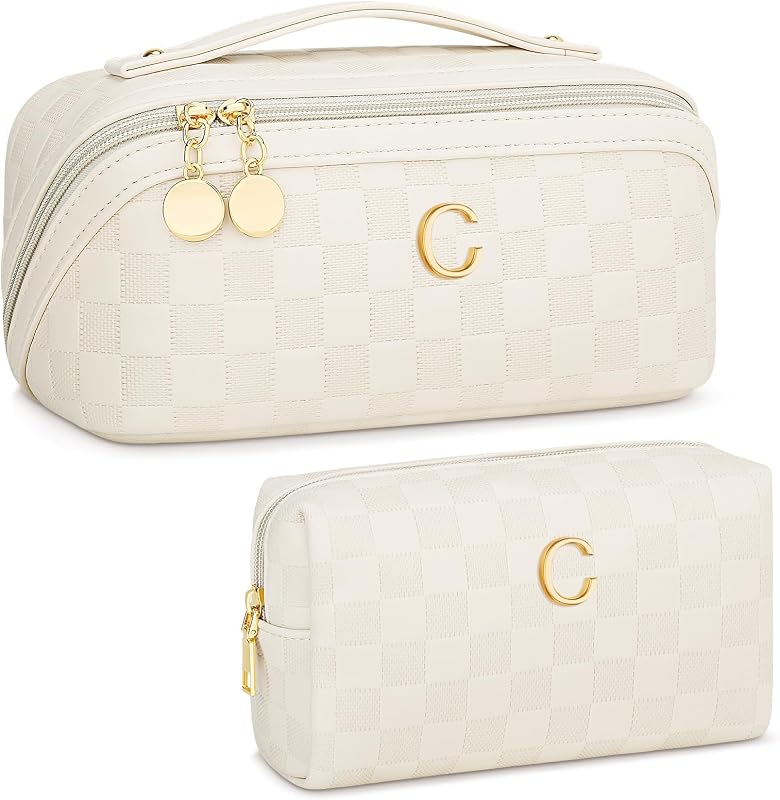Necessaire de maquiagem e cosméticos CLOUDWINGS com inicial dourada, conjunto com 2