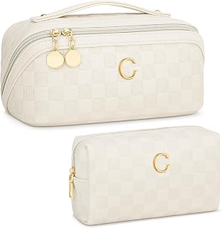 Initial Makeup Bag Travel Cosmetic Toiletry Bag for Women | Personalized Gift, 180° Flat-Lay, Easy Clean, Waterproof PU Leather, Reinforced Stitching & Smooth Zipper