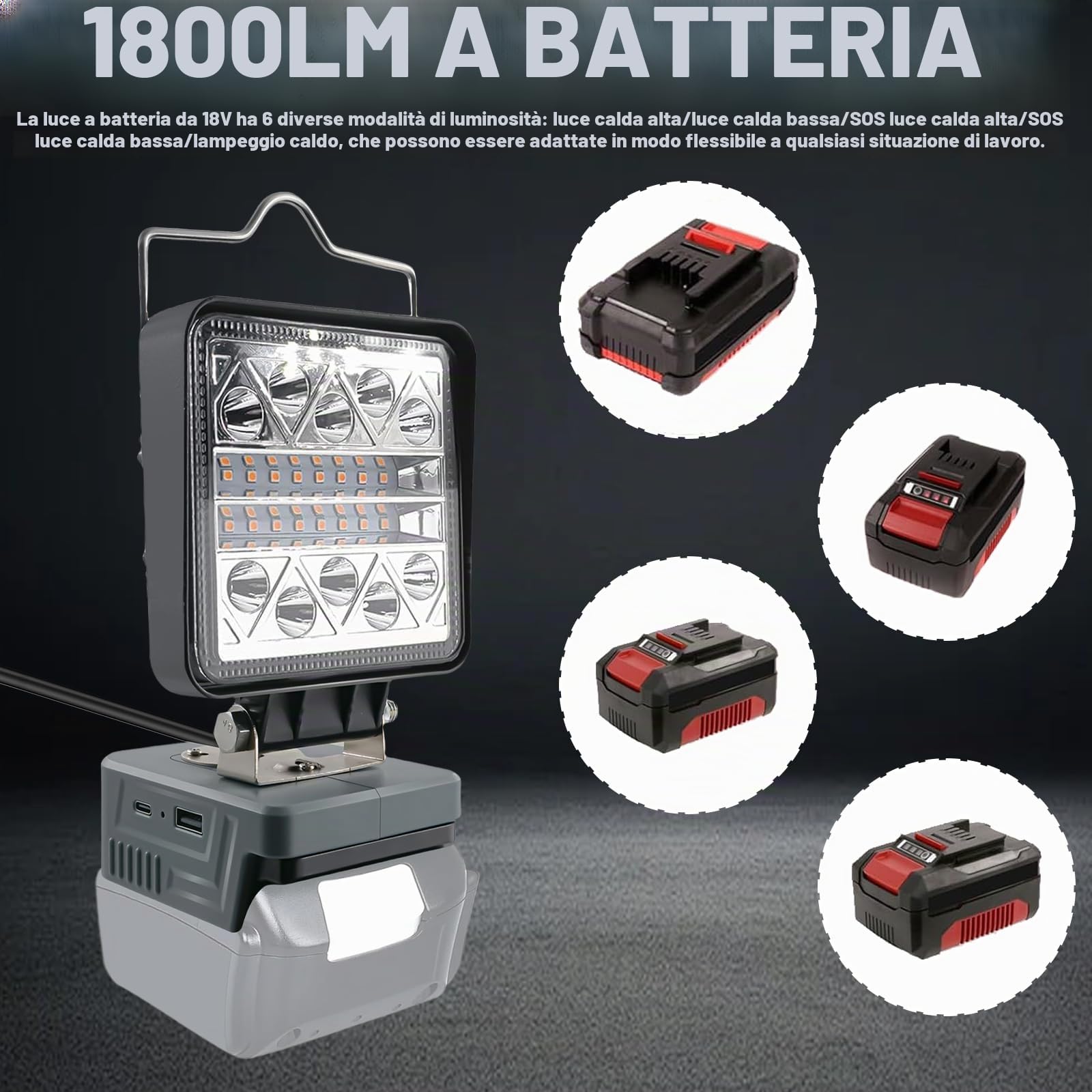 Lampada a batteria per Einhell da 18 V: Faretto portatile LED da lavoro con 6 modalità di luminosità, ingresso USB-C, 16 W, 1800 lm, senza batteria