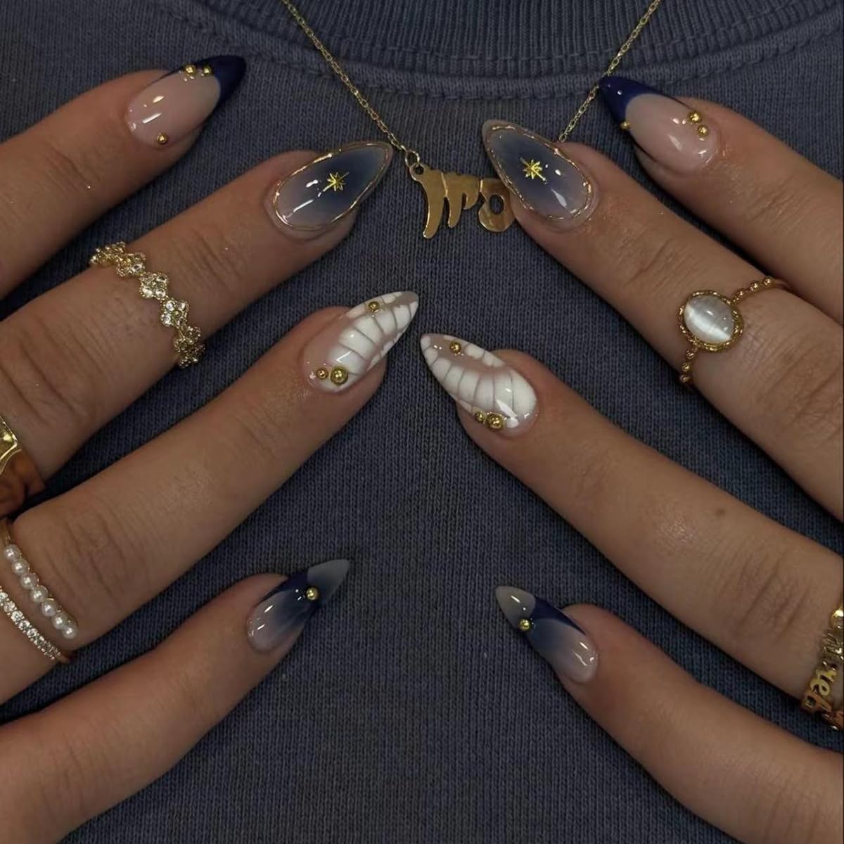 French Tip Almond Press On Nails With 3d Gild Cross Charms Kit_voghion.com